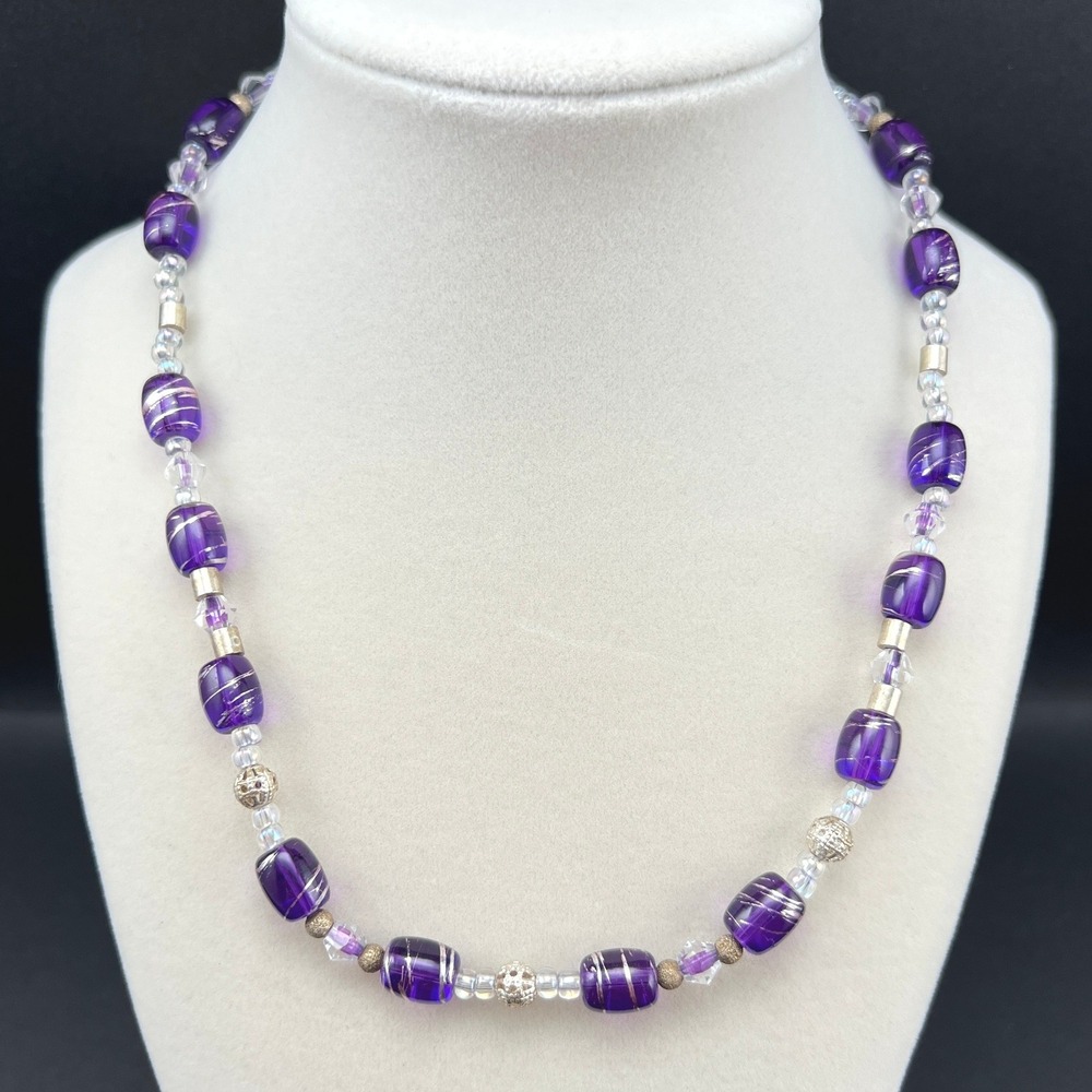 Artisan Beaded Necklace Purple AB Iridescent Glass Silver Tone 18"